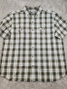 Carhartt Mens Relaxed Fit Plaid Button Up Shirt 2XL Green Short Sleeve